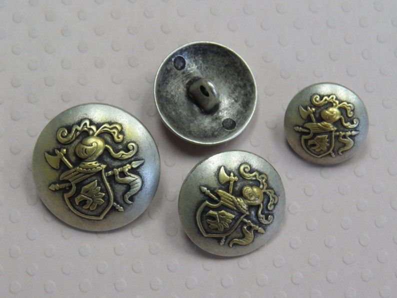 1 Dozen Vintage Coat of Arms Two Tone Antique Silver with Ant. Gold Center Metal Shank Buttons K4470 available in sizes image 2