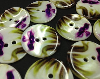 One of a kind Vintage "River Shell  Pearl" with Purple Floral Pattern 2-Hole Buttons A7979 available in several sizes 6 buttons/1 Package