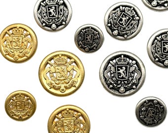 12 Vintage Coat of Arms Shank Buttons: Antique Silver  and Gold Zamac Metal
