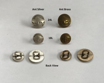 One Package (12 Buttons) Vintage "Buffalo Five Cent" coin Metal "Open" Shank Buttons- I227 available in 2 colorways and Sizes