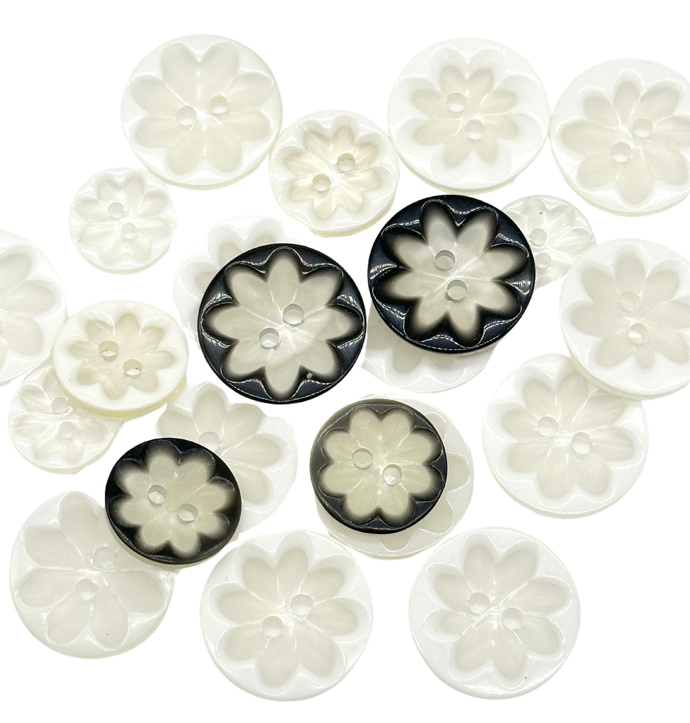 12 Pcs Vintage Flower Pattern 2-Hole Polyester Buttons | Decorative Sewing Buttons for Jackets, Dresses, Coats | Black & White | (A7024)