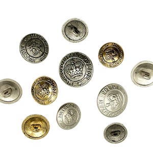 12 pcs vintage metropolitan police coat of arms shank buttons multiple sizes & colors | vintage buttons for police uniform jacket (k3114)