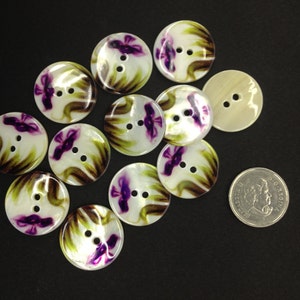 One of a kind Vintage River Shell Pearl with Purple Floral Pattern 2-Hole Buttons A7979 available in several sizes 6 buttons/1 Package image 2