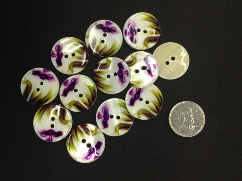 One of a kind Vintage River Shell Pearl with Purple Floral Pattern 2-Hole Buttons A7979 available in several sizes 6 buttons/1 Package image 2