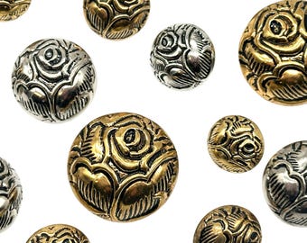 Vintage Rose Metal Shank Buttons: Antique Gold & Silver (12 Pcs)