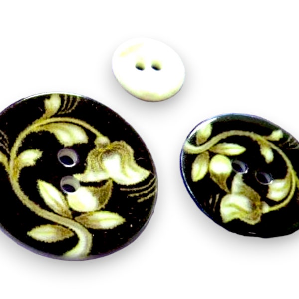 Floral Buttons, Vintage Clothing Buttons, 2-Hole Buttons, Black and Pearl Shell Buttons, Designer Buttons, Decorative Buttons | Set of 12 |