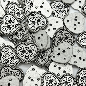 12 Pcs Vintage Heart Buttons | Antique Silver, Floral Pattern | Decorative Sewing Buttons for Jackets, Coats, Dresses | (Cap 2 Hole Heart)