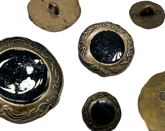 Vintage Baroque Shank Buttons: Antique Brass Floral Rim, Black Epoxy - Set of 6