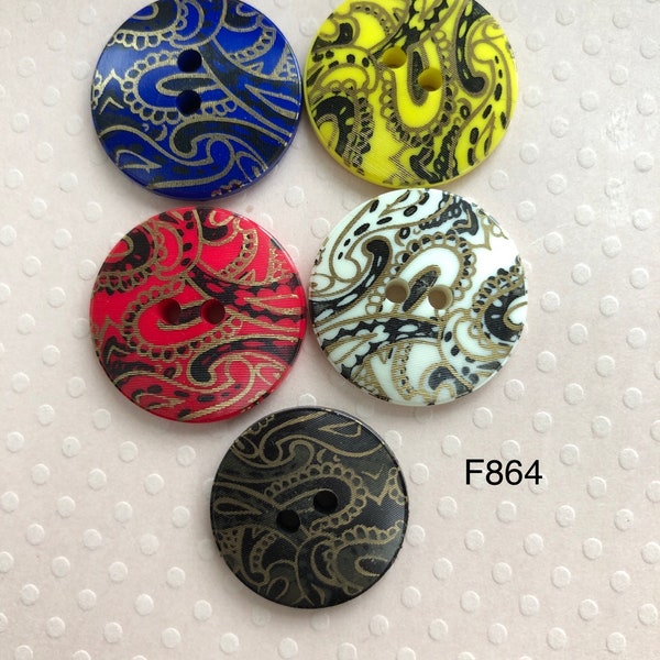 One Package (12 Buttons)White with Multicolour Paisley Pattern Vintage 2 Hole Buttons-F864