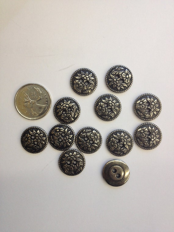 k1261 1 Dozen Floral Pattern Antique Silver or Ant Brass Vintage 2-Hole Buttons
