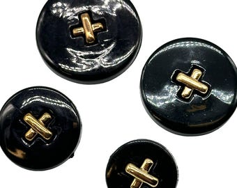 6 Vintage Black Shank Buttons: Gold Stitch Insert, Retro Sewing (C2808)