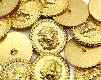 12 Vintage Gold Lion Face Buttons: Metal Shank, Rope Rim