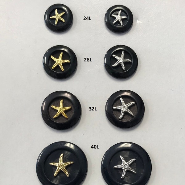 1 Dozen Vintage "Black base with Gold or Silver Starfish Shaped Insert" Shank Buttons-C2572 available in several sizes