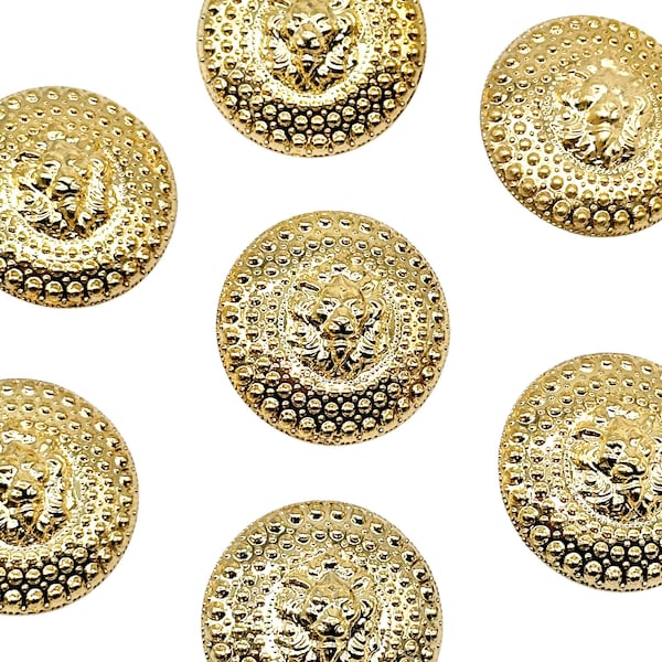 6 Vintage Gold Lion Face Shank Buttons: Art Deco Sewing Supplies (31mm)