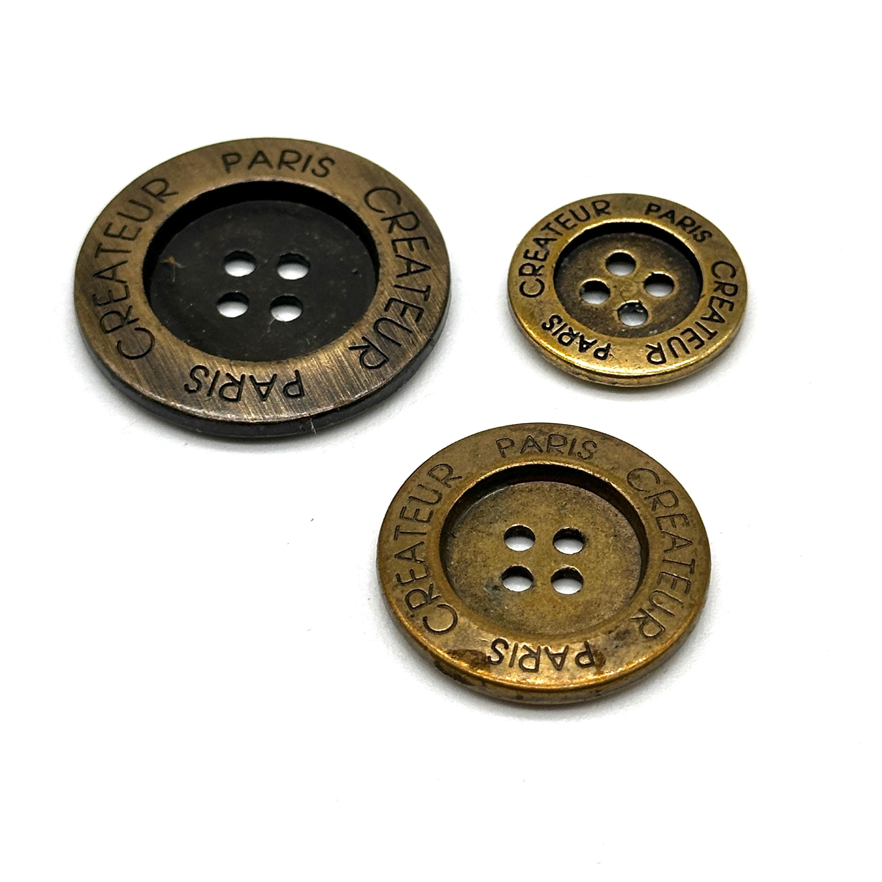 12 Vintage Paris Createur Metal Buttons: Antique Brass Sewing