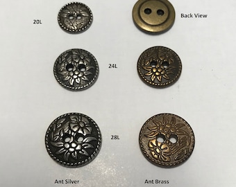 1 Dozen(1 package) Vintage "Floral Pattern" Antique Silver or Ant Brass 2-Hole Metal Buttons. k1261 available in several sizes