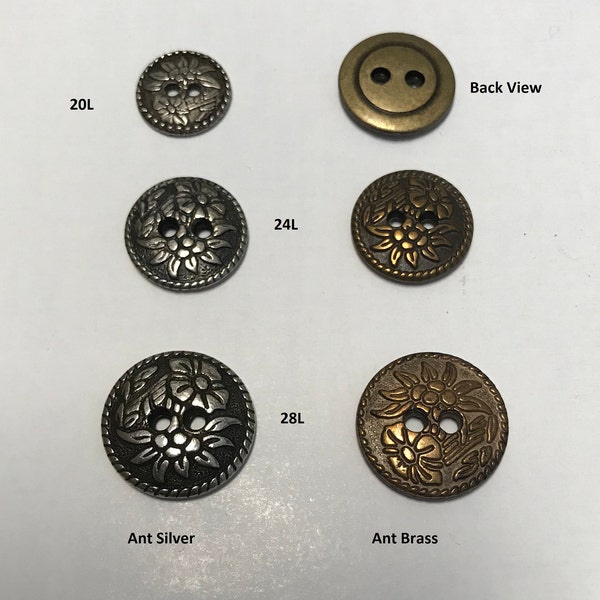 1 Dozen(1 package) Vintage "Floral Pattern" Antique Silver or Ant Brass 2-Hole Metal Buttons. k1261 available in several sizes