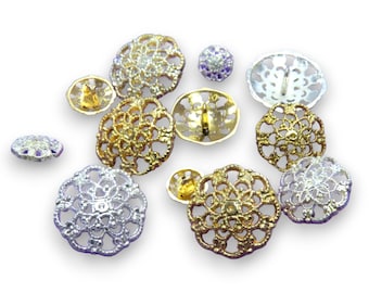 Botones de ropa de diseño floral vintage, viene en botones dorados y plateados, patrón de filigrana perfecto para diseñadores y artesanos de ropa