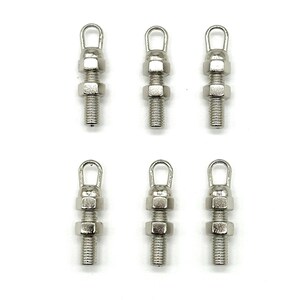 May include: Six silver-toned metal eyelet screws with a round head and a nut. The eyelet screws are arranged in two rows of three.