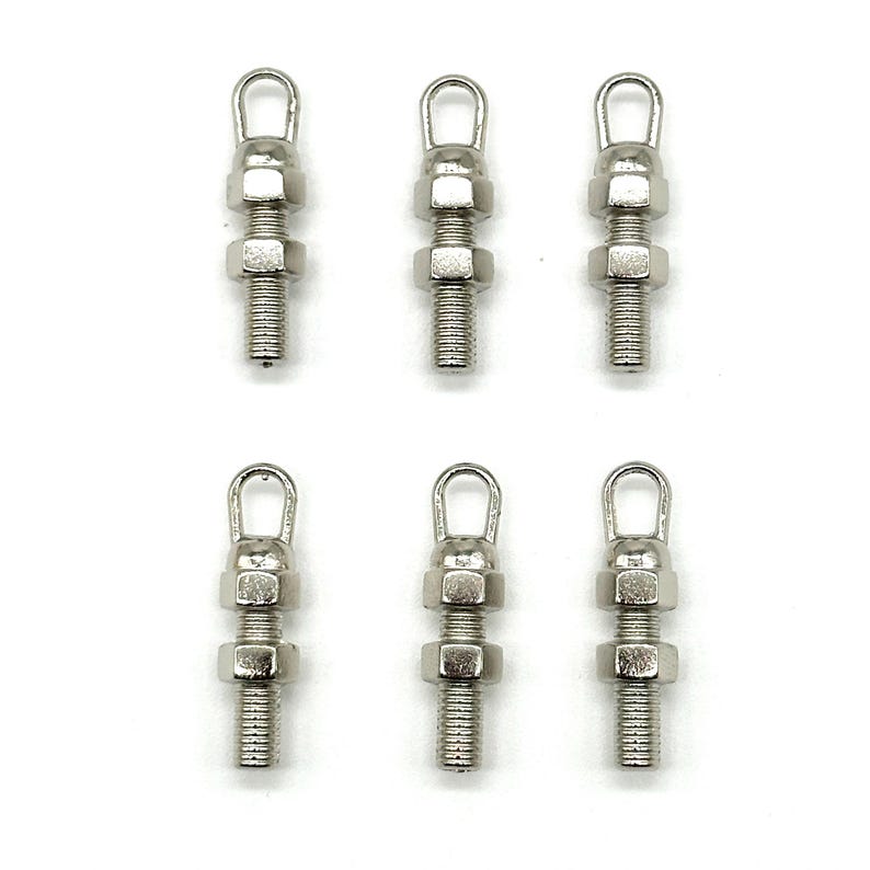 May include: Six silver-toned metal eyelet screws with a round head and a nut. The eyelet screws are arranged in two rows of three.