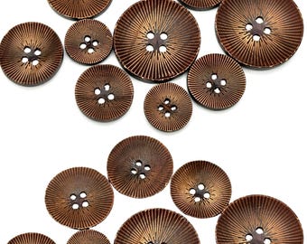 12 botões de madeira marrom vintage: design de raios solares a laser