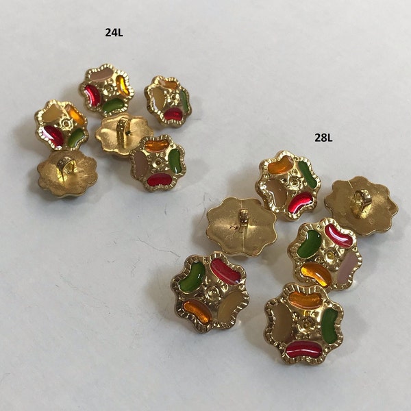 1 Dozen Vintage "Floral Shaped Gold and Multicolour Art Deco"  Shank Buttons. A497 available in 2 sizes