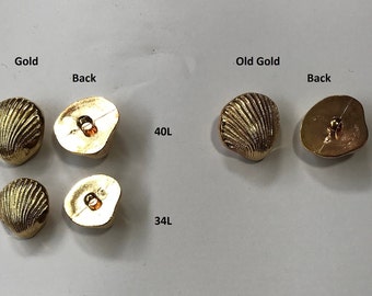 Una confezione (12 bottoni) Bottoni vintage con gambo placcati in ABS "a forma di conchiglia" K1963 Colore oro e varie dimensioni