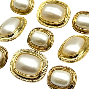 6 Pcs Vintage Rectangular Imitation Pearl Shank Buttons - Gold Rim, Multiple Sizes | Sewing & Crafting Supplies | Decorative Buttons (C2488)