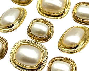 Botones vintage de perla sintética: borde dorado y mango rectangular - Juego de 6