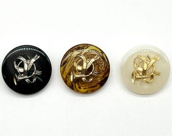 カホン　soft step アンティークナチュラル　A 6 Pcs Vintage Bugle Horn Epoxy Shank Buttons - Gold & Silver