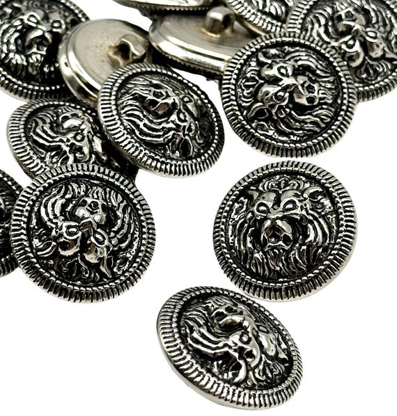 12 bottoni vintage con gambo in metallo a forma di leone: argento antico, 23 mm - Italia