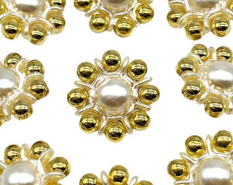 6 botones vintage de metal dorado con vástago: inserción abovedada de perla sintética