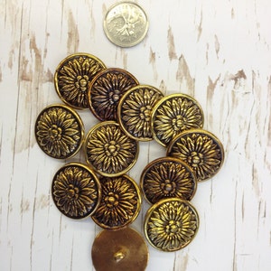 One Package (12 Buttons) Sunflower Texturized Antique Gold Vintage Shank Buttons K2047