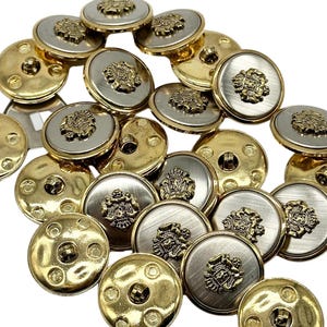 Vintage Crest Shank Buttons: Matte Silver & Gold, Made in Italy, Set of 12