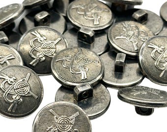 12 Pcs Vintage Riffles & Bullseye ABS Plated Shank Buttons - Gun Metal or Antique Brass | Decorative Clothing Buttons (K1130)