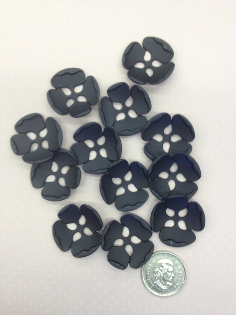 1 Dozen Flower Shaped Matte Black, Ant Silver or Ant Brass Metal Vintage 4-Hole ButtonsK5237 Several sizes available image 2
