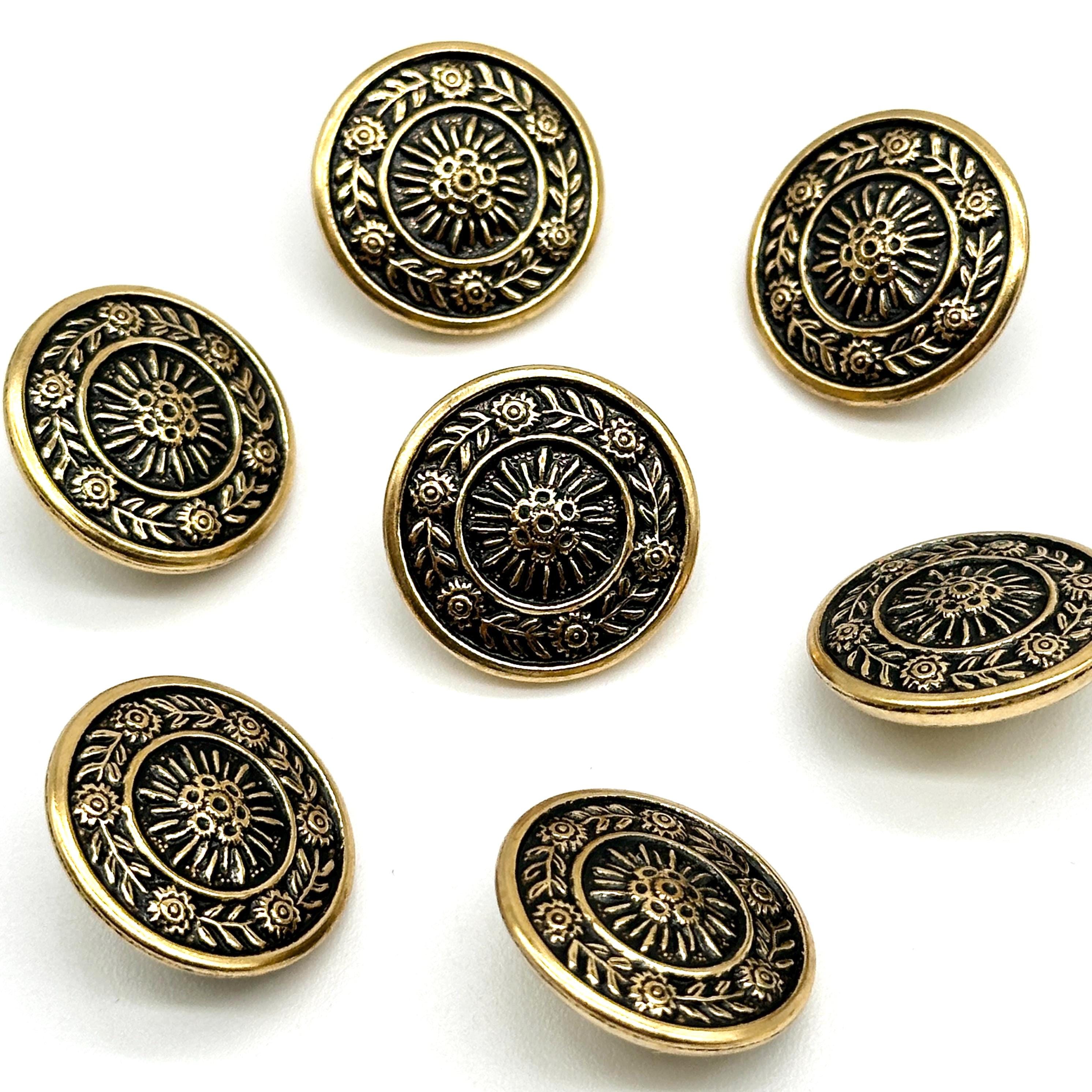 ヴィンテージ花柄メタルシャンクボタン12個：アンティークゴールドの