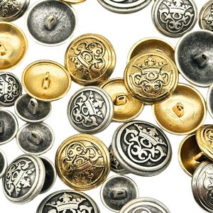 Vintage Crown Metal Shank Buttons - Gold or Silver - Sewing Supplies