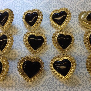 One Package 6 Buttons Heart Shaped Gold Frame with Black or Red Insert Vintage Shank Buttons.C3073 available in various sizes image 2