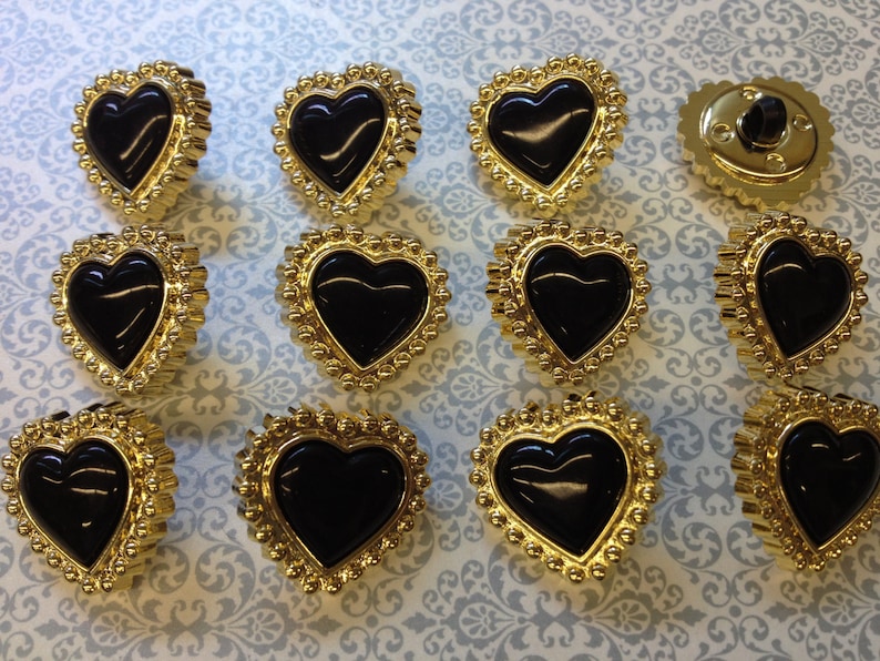 One Package 6 Buttons Heart Shaped Gold Frame with Black or Red Insert Vintage Shank Buttons.C3073 available in various sizes image 2
