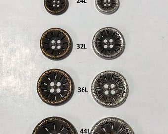 Vintage Metal Floral Pattern Buttons - 1 Dozen (12 buttons) - Antique Silver + Antique Brass - Sizes: 28m - 15mm - K5259