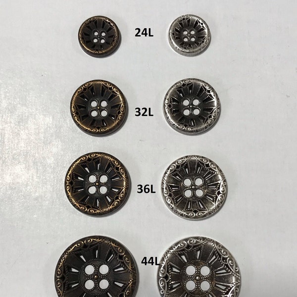 Vintage Metal Floral Pattern Buttons - 1 Dozen (12 buttons) - Antique Silver + Antique Brass - Sizes: 28m - 15mm - K5259