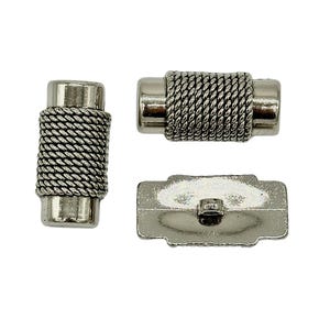 May include: Three silver-toned metal jewelry clasps. Two are cylindrical with a braided rope design in the center. The third clasp is rectangular with a small loop. All clasps are on a white background.