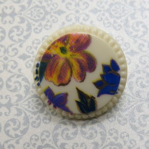 1 Dozen White with Multicolor Flower Pattern Vintage Shank Buttons-C2524 available in several sizes