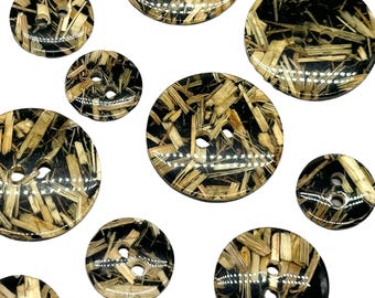 Vintage Straw Embedded Buttons: Black & Natural, Set of 12