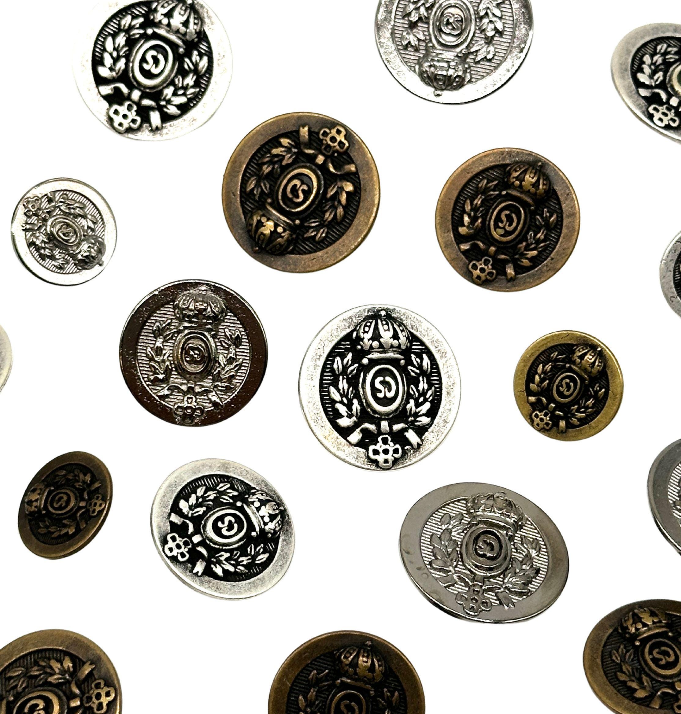 ヴィンテージ紋章メタルボタン：ゴールド、シルバー、ブロンズ - 12個