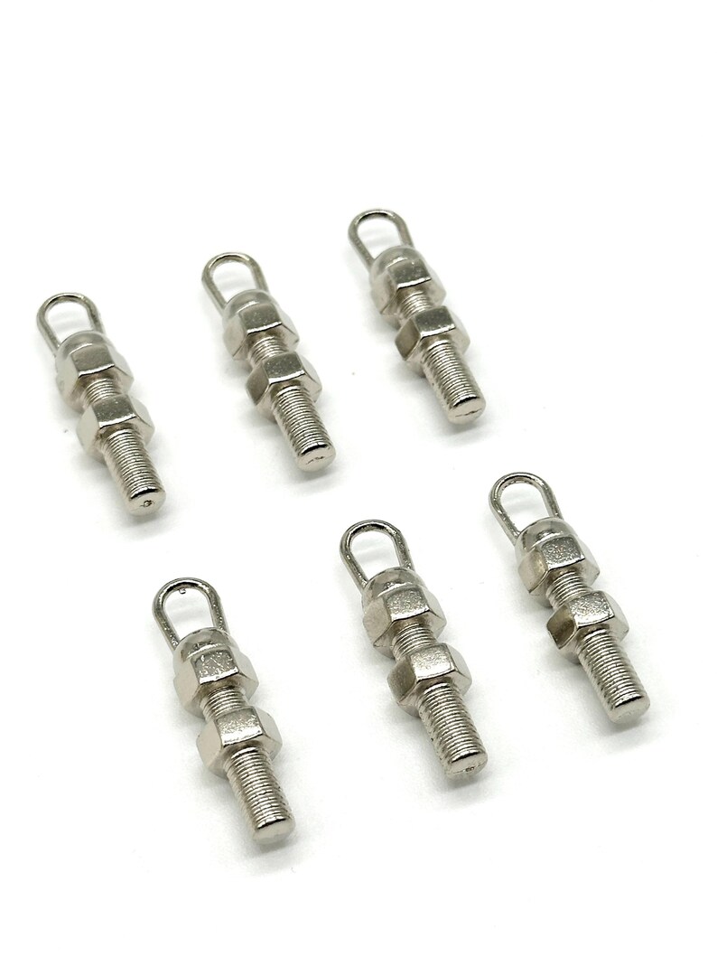 May include: Six silver-toned metal hooks with a loop at the top and two nuts. The hooks are approximately 5 cm long.