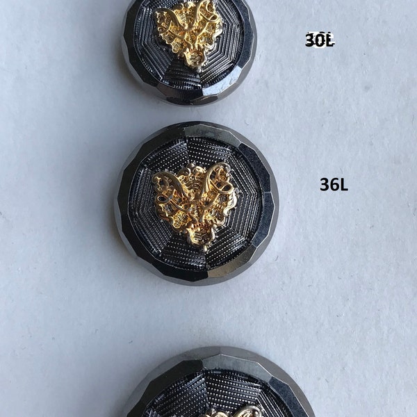 Una confezione (12 bottoni) Vintage "Filigree Gold" su bottone con gambo in ABS color canna di fucile-K4638 degli anni '90 e disponibile in varie dimensioni