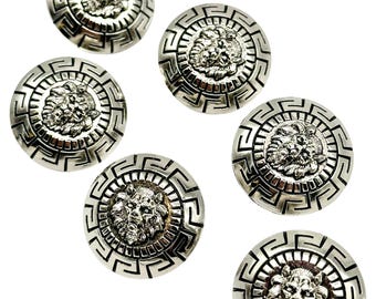 12 Vintage Lion Face Shank Buttons: Antique Silver Greek Key Design