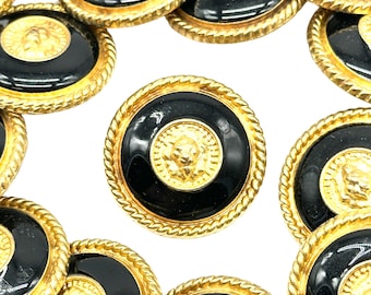 12 botones vintage de cabeza de león: epoxi dorado y negro, 28 mm